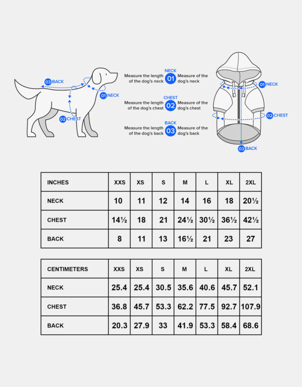 Dog Zip Hoodie Size Chart