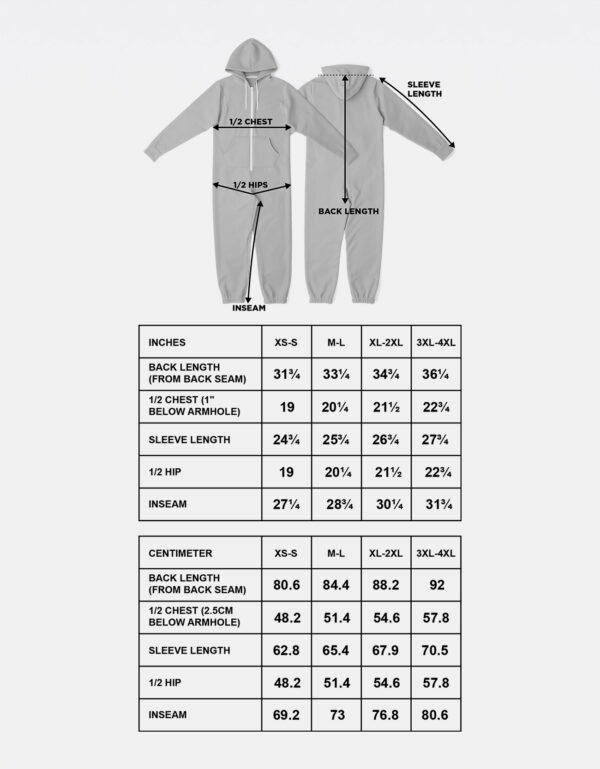 Adult Jumpsuit Size Chart